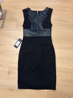 Marciano Black Faux-Leather Trim Midi Sheath Dress